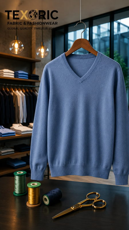 Men's V-neck fine-gauge merino wool sweater knit