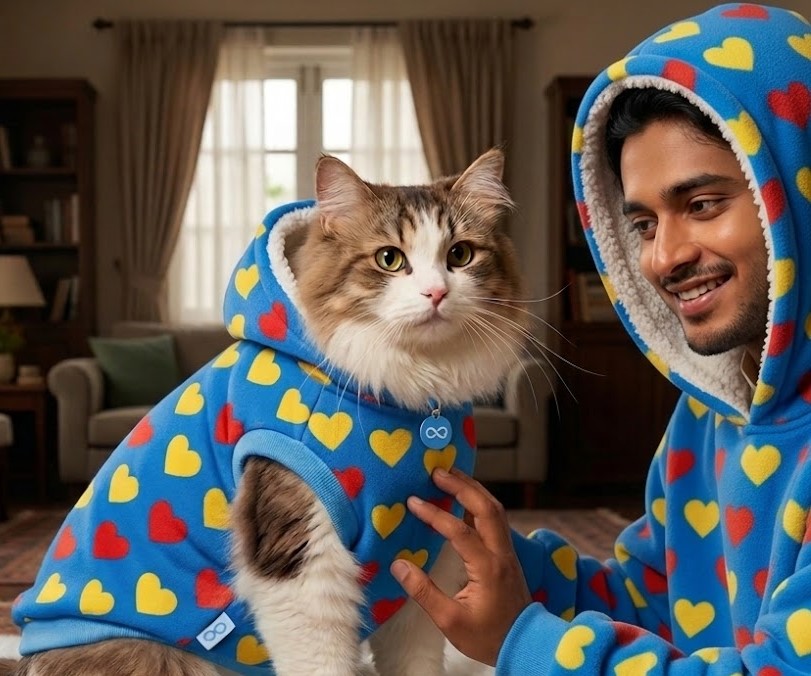 Pet winter fleece hoodie blue candy heart print