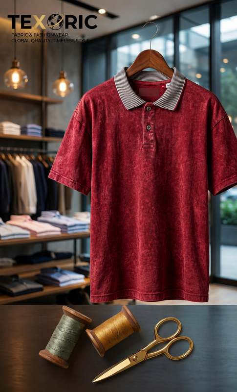 Men's acid wash pique knit polo shirt burgundy vintage