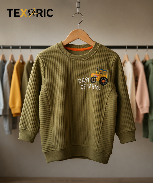 Kids' ribbed french terry sweatshirt tractor embroidery knit