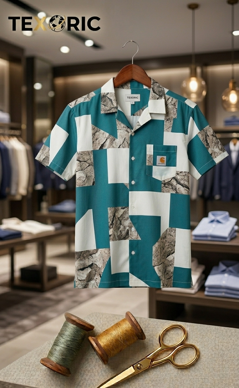 Men's Short Sleeve Printed Woven Shirt (Camp Collar)
