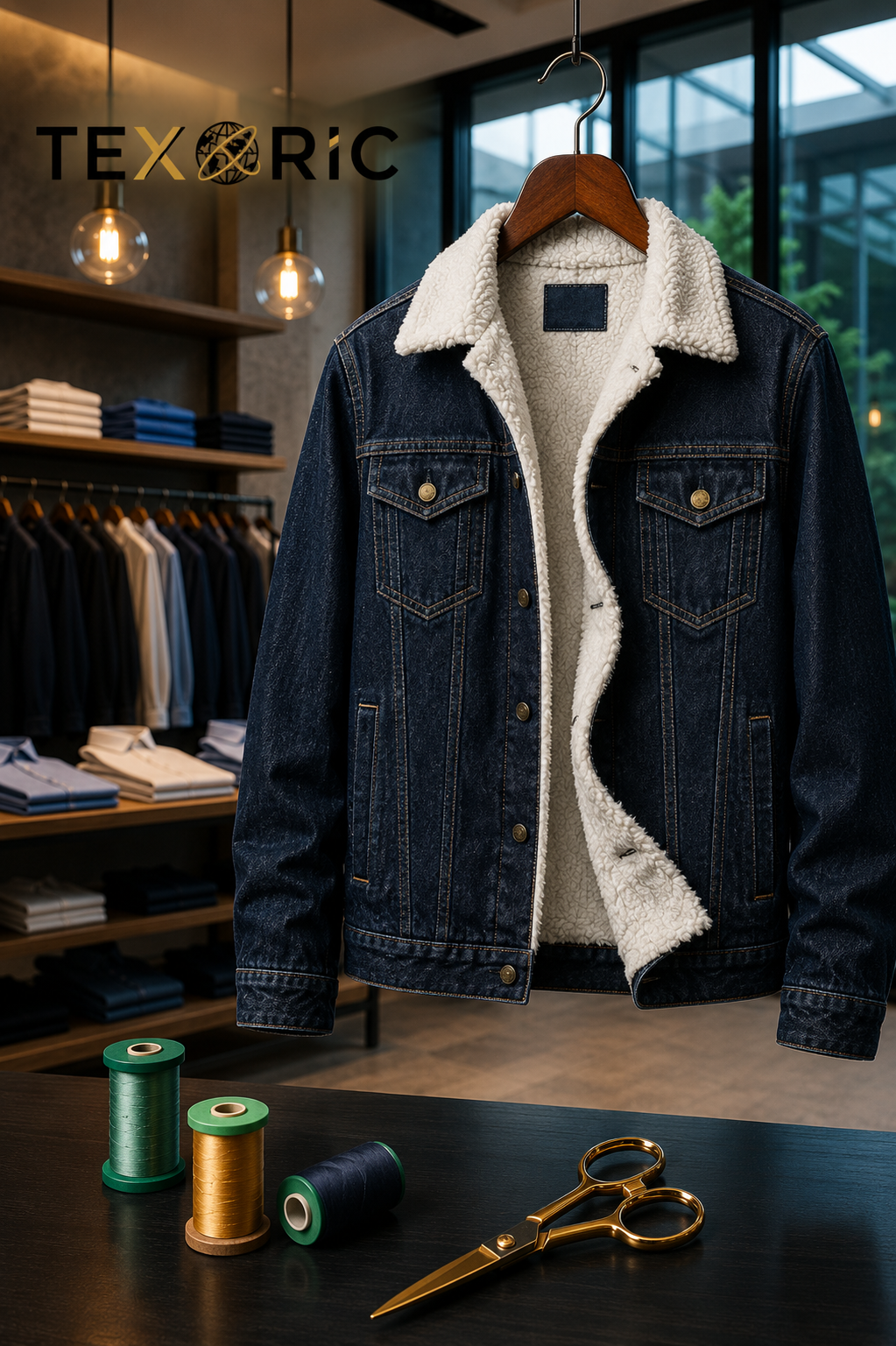 Men's winter sherpa-lined denim jacket woven dark indigo