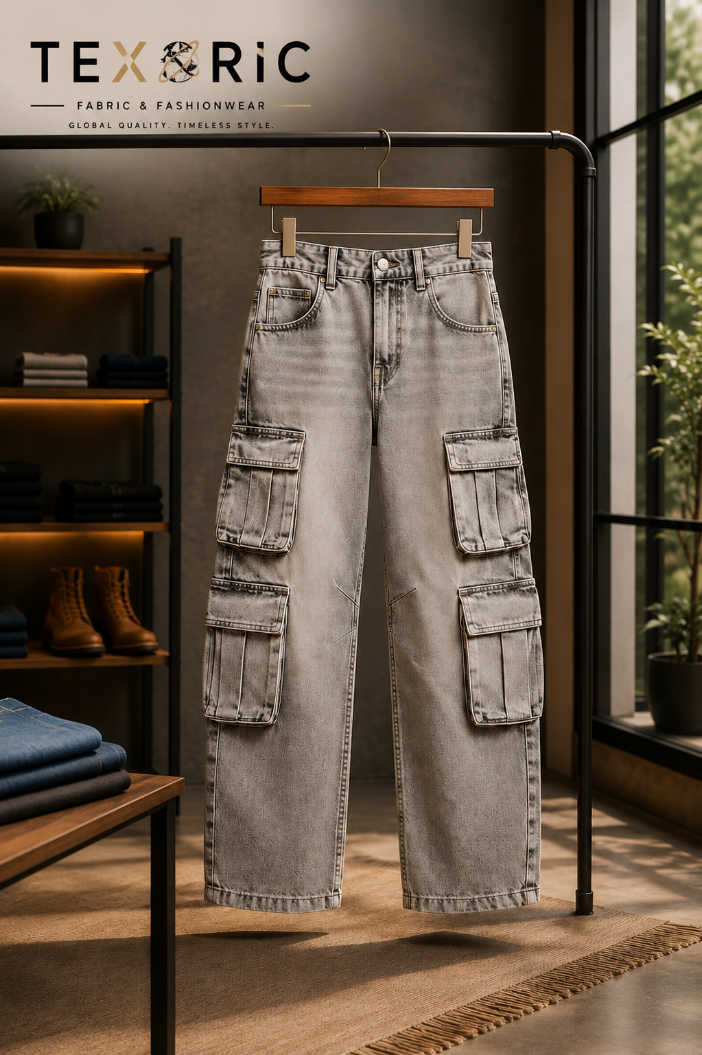 Men's Wide-Leg Cargo Denim Jeans (Woven)