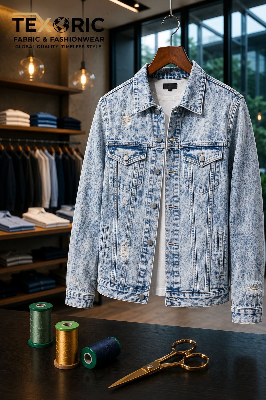 Men's acid wash distressed denim jacket light blue white