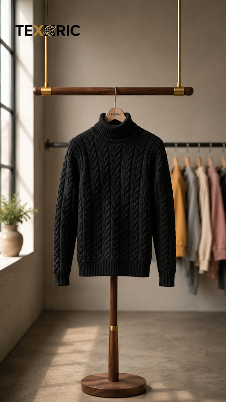 Men's Winter Cable-Knit Turtleneck — Jet Black 