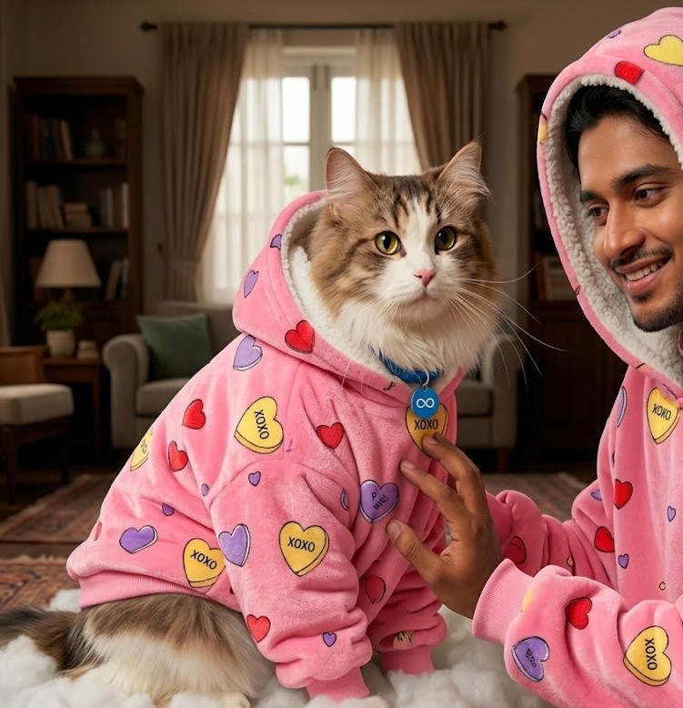 Pet Winter Fleece Hoodie - Candy Heart Print (Blue)
